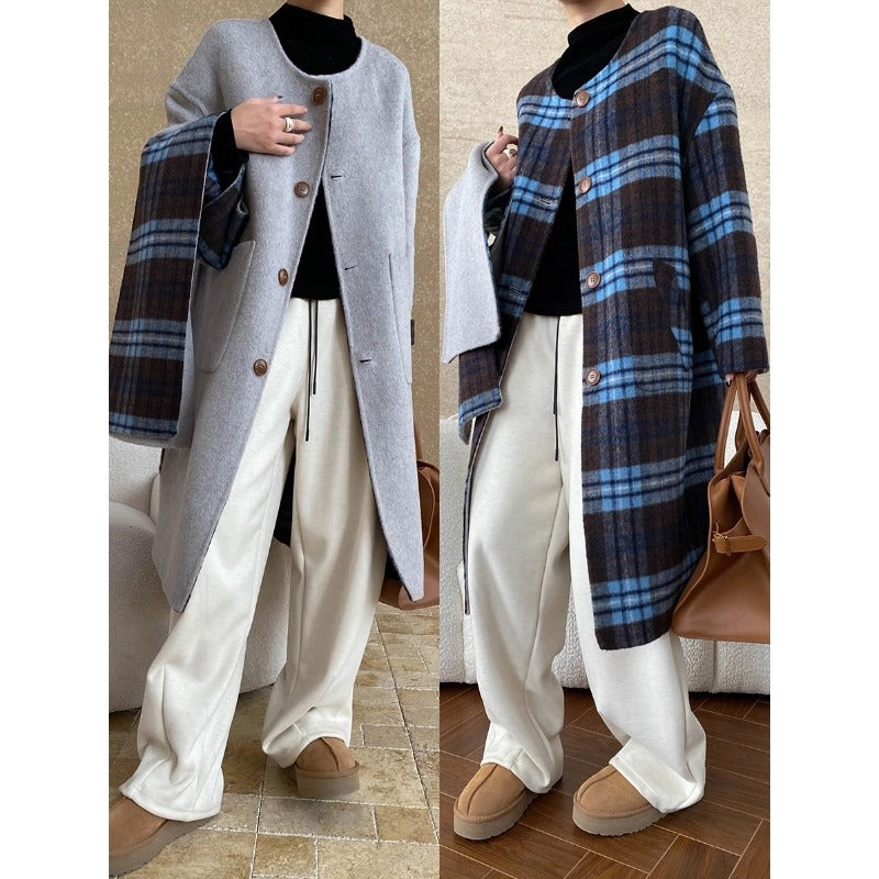 Damen klassische karierte Wolljacke mit durchgehendem Knopfverschluss Drune