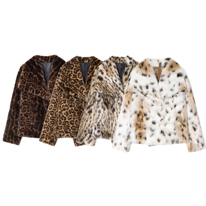 Damen nan kurze Kunstfelljacke mit Wildmuster, V-Ausschnitt und taillierter Silhouette Drune