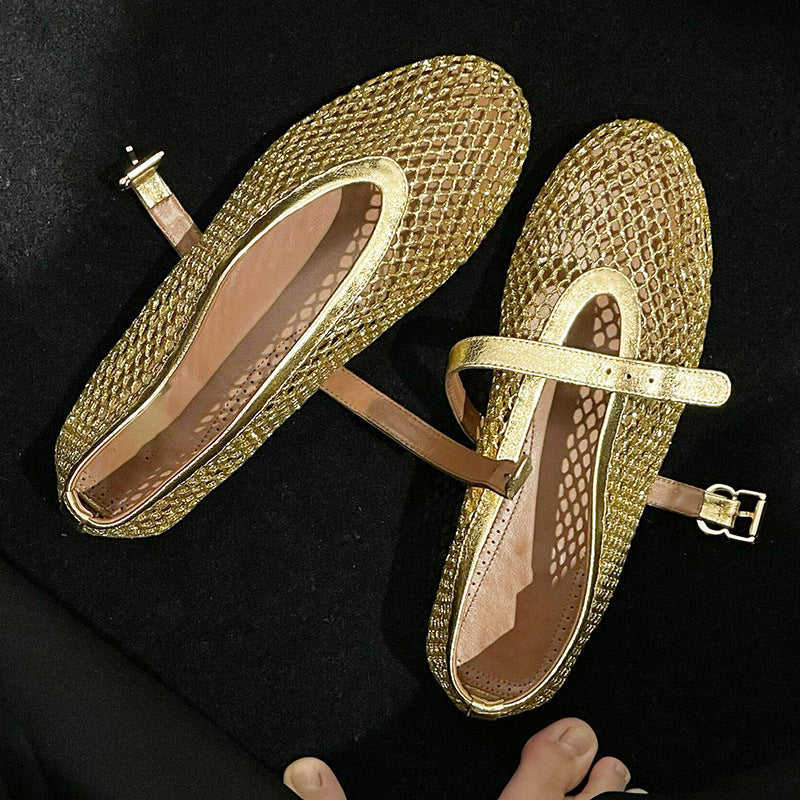 Damen Ballerinas mit goldenem Netzdesign und modischem Riemchen Drune