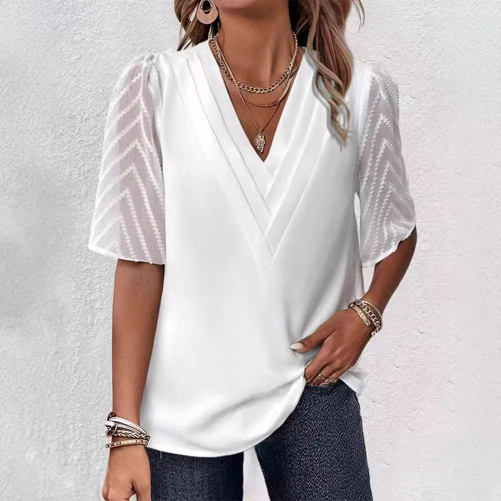 Damen nan V-Ausschnitt-Bluse mit plissierter Passe und transparenten Zickzack-Ärmeln Drune