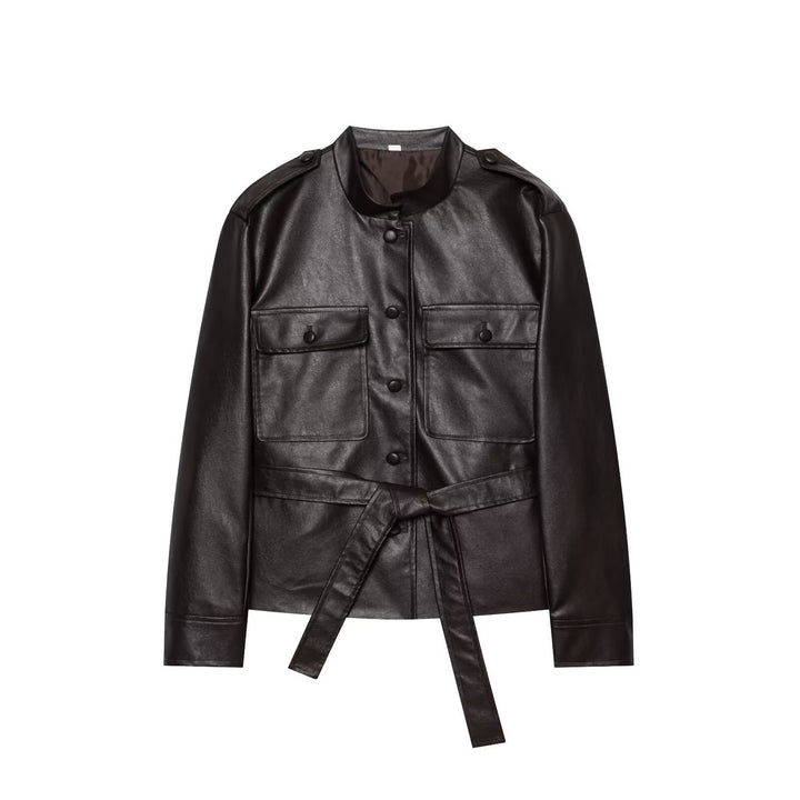 Damen Taillierter Kunstleder‑Blousonjacke mit Bindegürtel, Pattentaschen und Stehkragen Drune