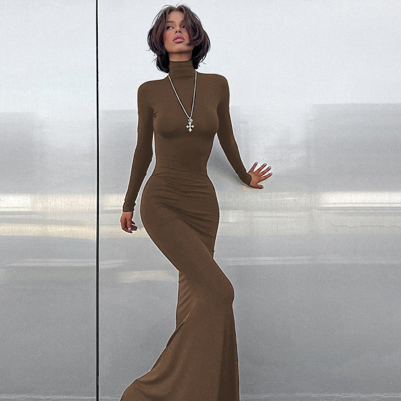 Damen Langarm-Maxikleid mit figurbetontem Schnitt und hohem Kragen Drune