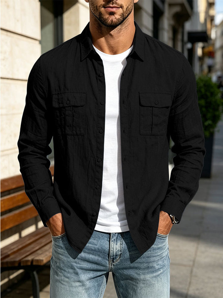Herren Leichte Hemdjacke aus Baumwoll-Leinen mit Brusttaschen und lockerer Passform Drune