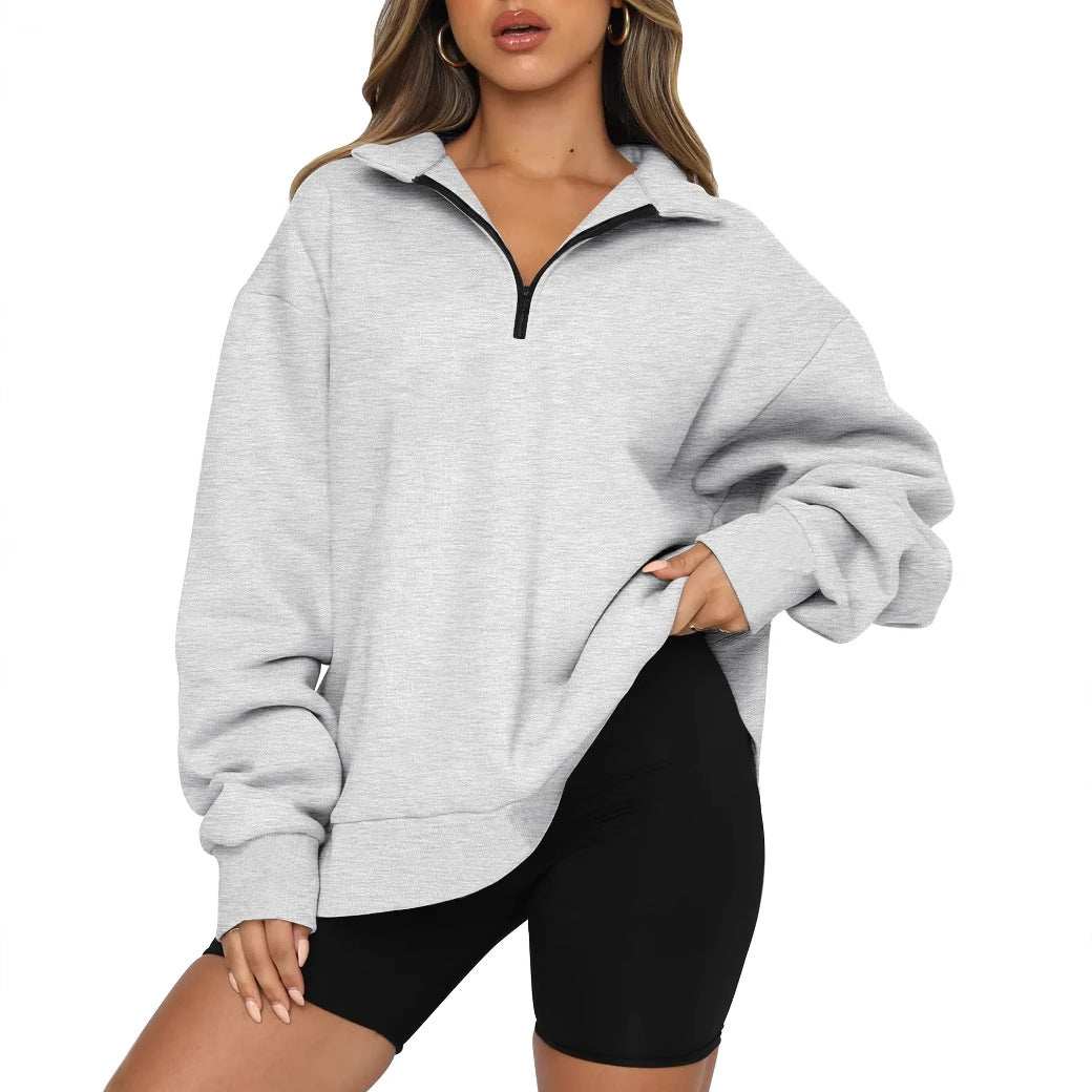 Damen lässiger Sweatpullover mit halbem Reißverschluss und überschnittenen Schultern Drune
