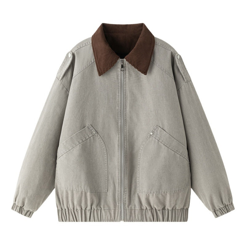 Herren Oversize-Canvas-Bomberjacke mit Cordkragen, Reißverschluss & Eingrifftaschen Drune