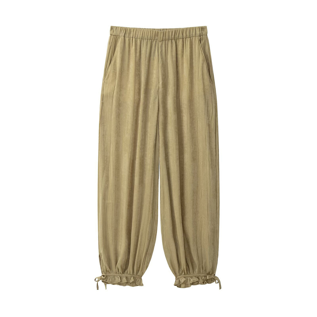Damen Weite Crinkle-Hose mit Gummibund, Seitentaschen und Bindebündchen Drune