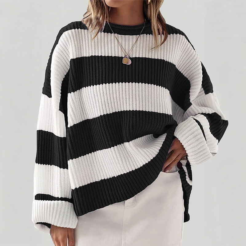 Damen gestreifter Strickpullover mit weitem Schnitt Drune