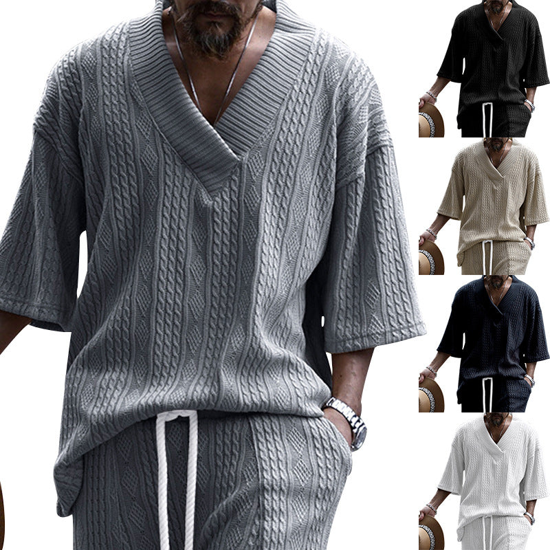 Herren nan großzügiger Grobstrick-Pullover mit tiefem V-Ausschnitt und dreiviertel Ärmeln Drune