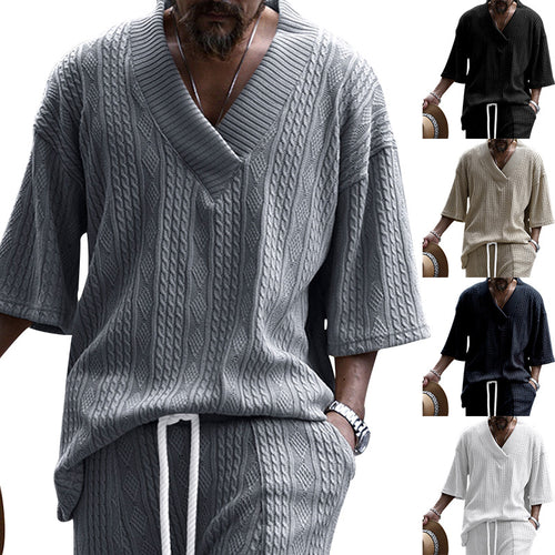 Herren nan großzügiger Grobstrick-Pullover mit tiefem V-Ausschnitt und dreiviertel Ärmeln Drune