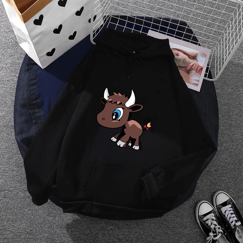 Damen nan Kapuzenpullover mit charmantem Stier-Karikaturprint, Kängurutasche und entspanntem Oversize-Schnitt Drune