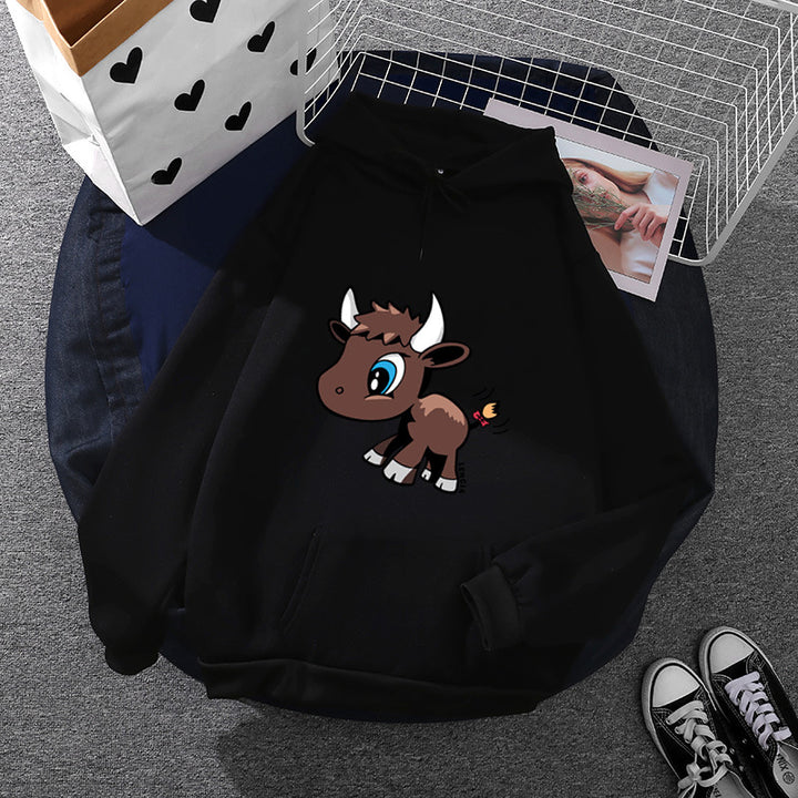 Damen nan Kapuzenpullover mit charmantem Stier-Karikaturprint, Kängurutasche und entspanntem Oversize-Schnitt Drune