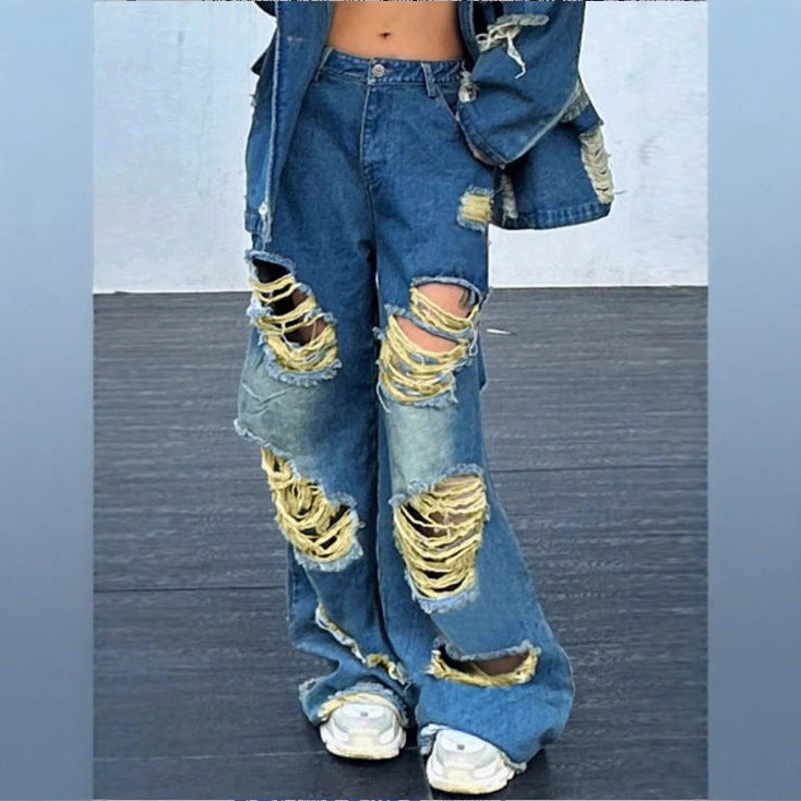Damen weite Destroyed-Denim-Jeans mit Neonfransen-Applikation Drune