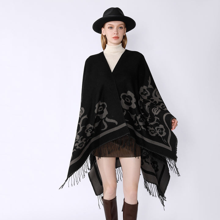Damen Umhangponcho mit floralen Jacquard-Panels und Fransensaum Drune