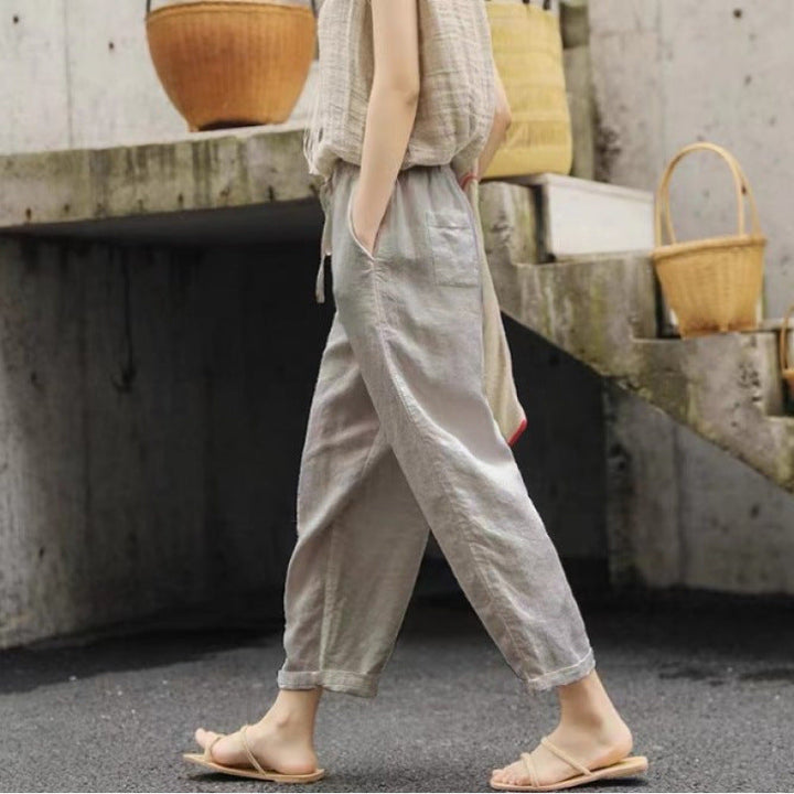 Damen lässige Leinenhose mit elastischem Bund und seitlichen Taschen Drune