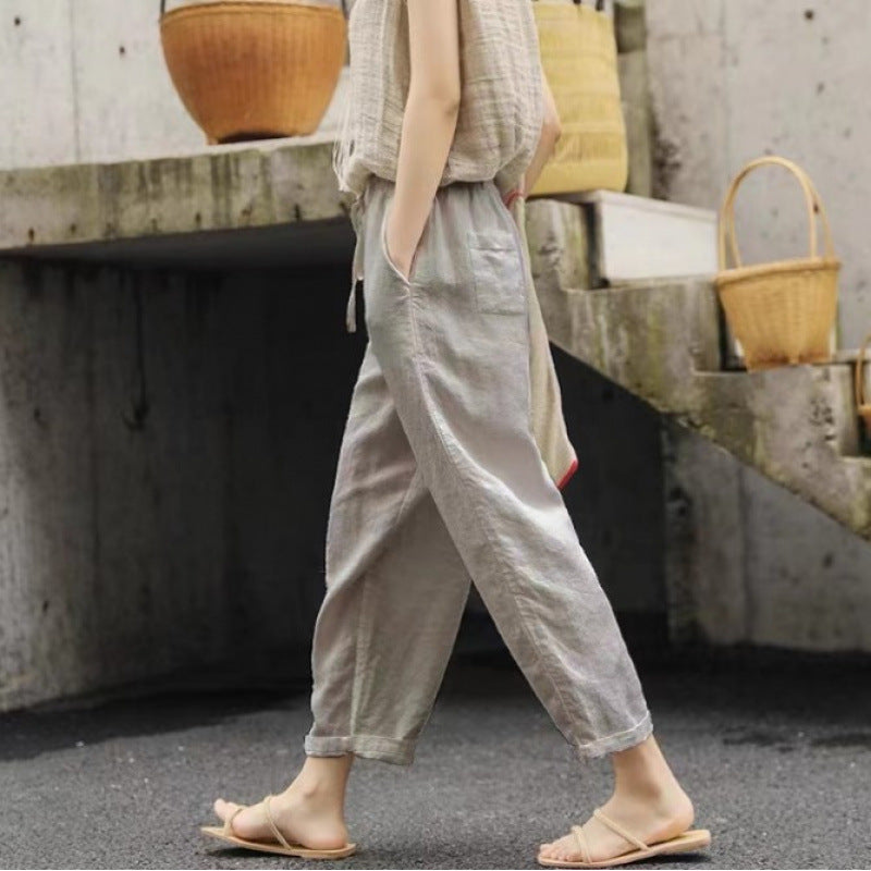 Damen lässige Leinenhose mit elastischem Bund und seitlichen Taschen Drune