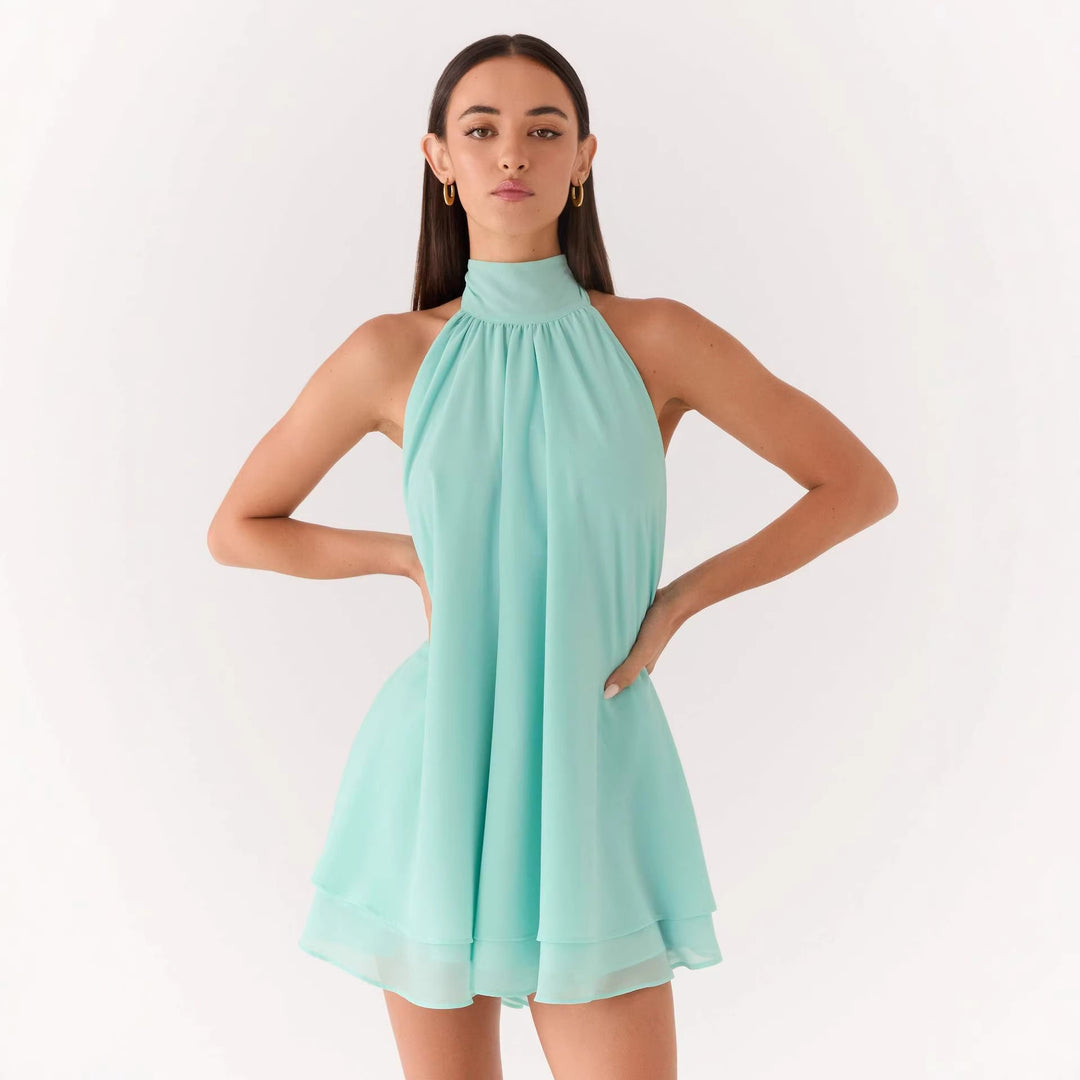 Damen elegantes Hochgeschlossenes Minikleid mit fließendem Stoff und verspieltem Volant Drune