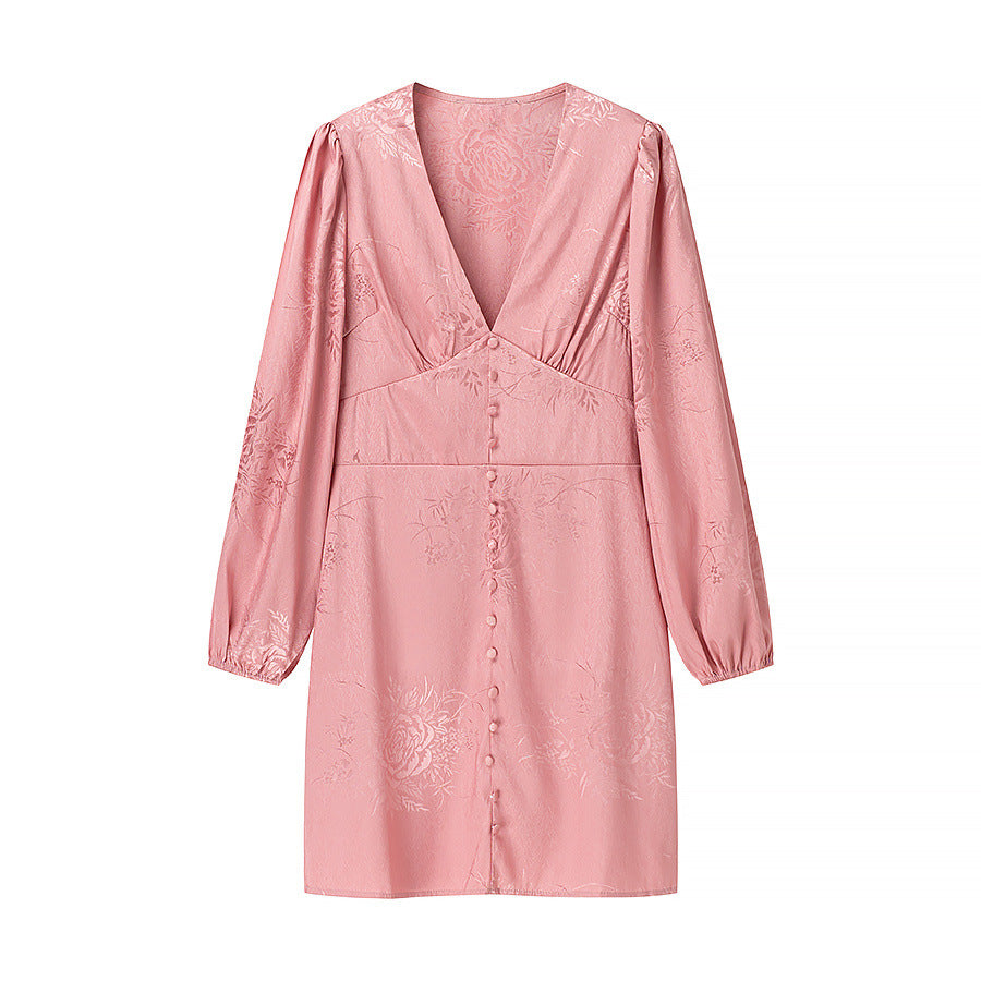Damen nan Jacquard-Minikleid mit tiefem V-Ausschnitt, dekorativer Zierknopfleiste und voluminösen Ballonärmeln Drune
