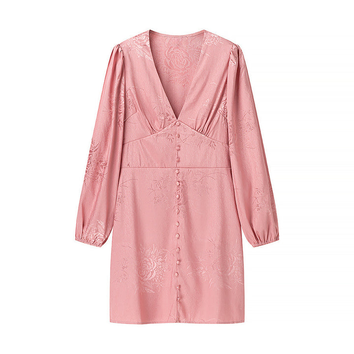 Damen nan Jacquard-Minikleid mit tiefem V-Ausschnitt, dekorativer Zierknopfleiste und voluminösen Ballonärmeln Drune