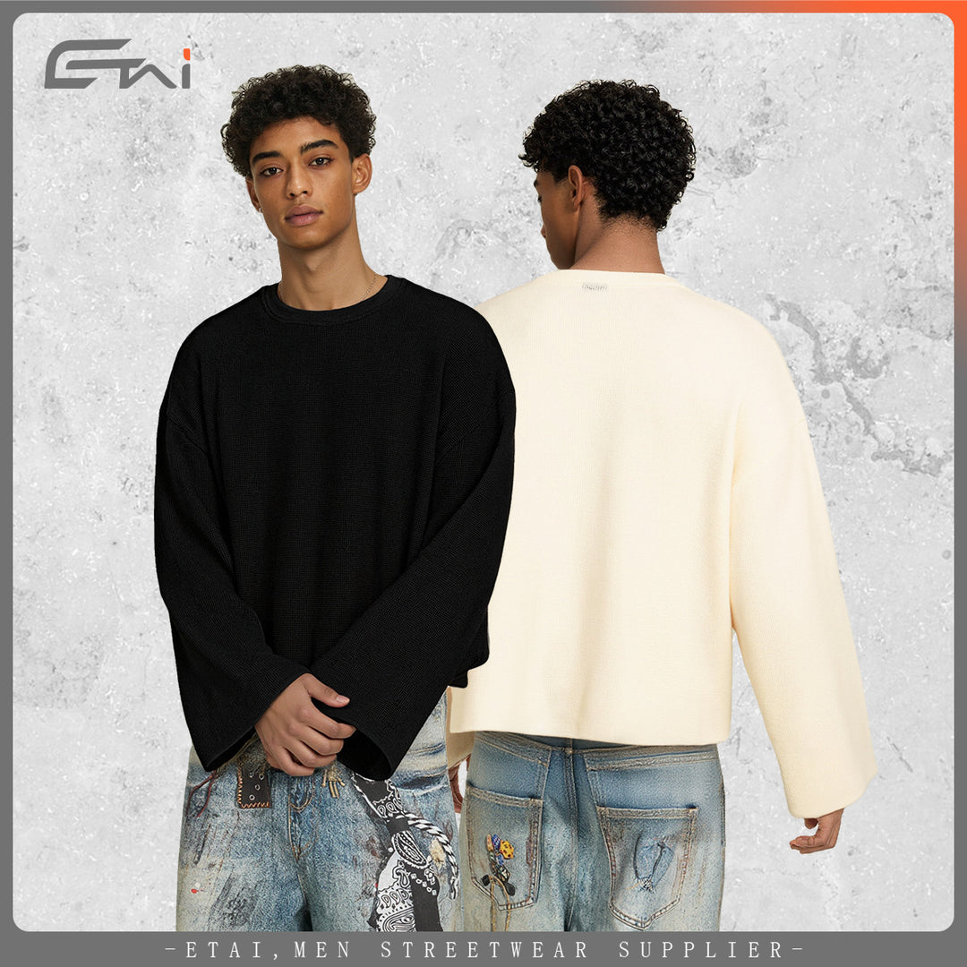 Herren Boxy Waffelstrick-Pullover mit Oversize-Schnitt und Rundhalsausschnitt Drune