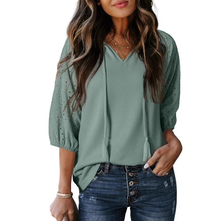 Damen Waffelshirt mit V‑Ausschnitt, Quasten und bestickten Puffärmeln Drune