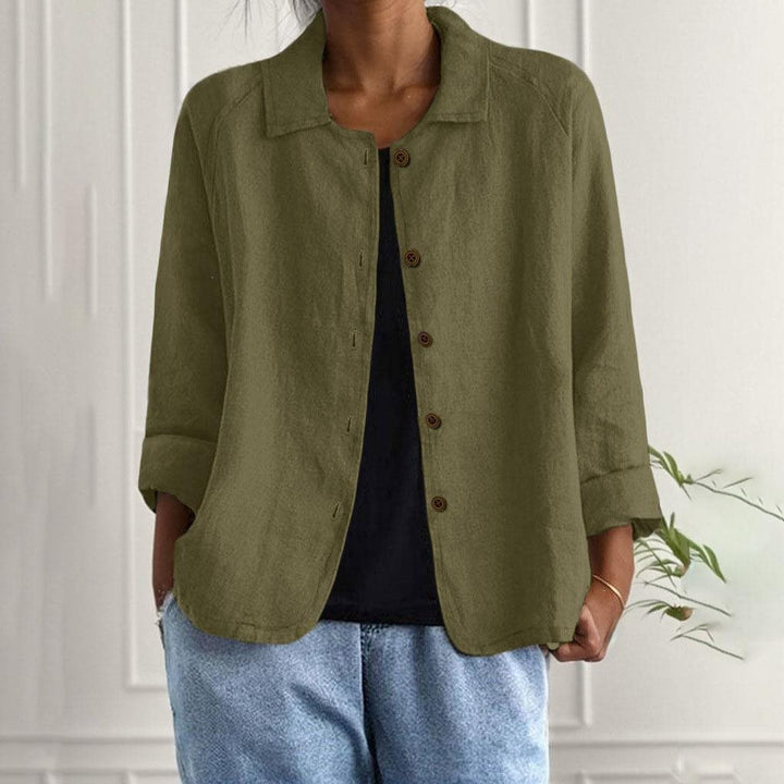Damen Oversized Leinen-Hemdjacke mit Hemdkragen, 3/4-Ärmeln und durchgehender Knopfleiste Drune