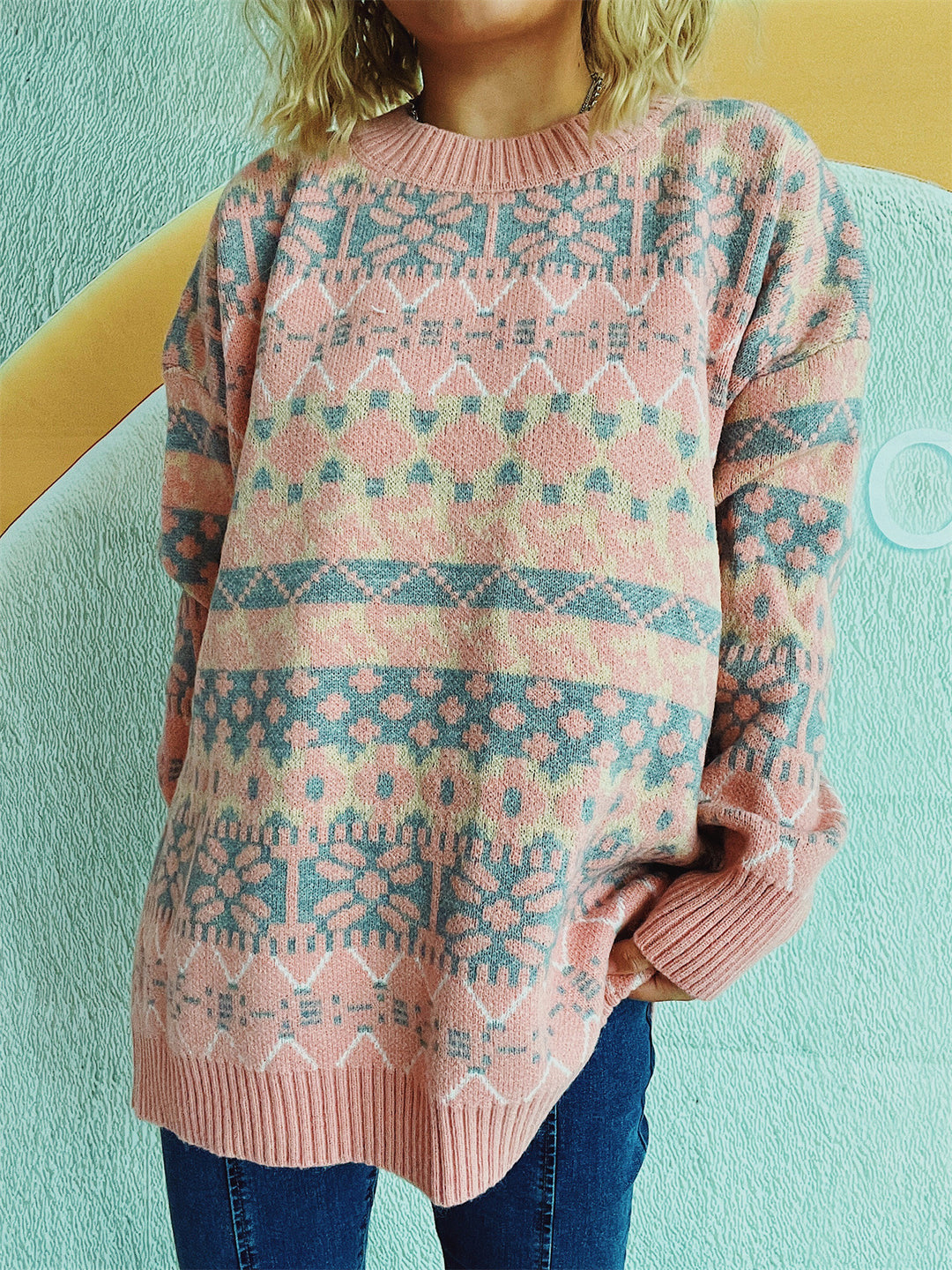 Damen gemütlicher Strickpullover mit winterlichem Muster und lässigem Schnitt Drune