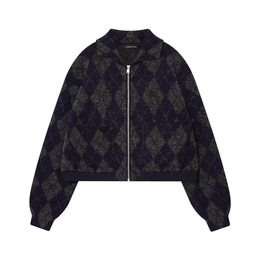 Damen modische Karojacke mit hohem Kragen und Reißverschluss Drune