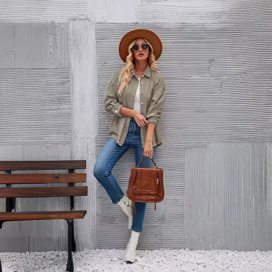 Damen Denim-Hemdjacke im lässigen Oversized-Schnitt mit fransigen Details Drune