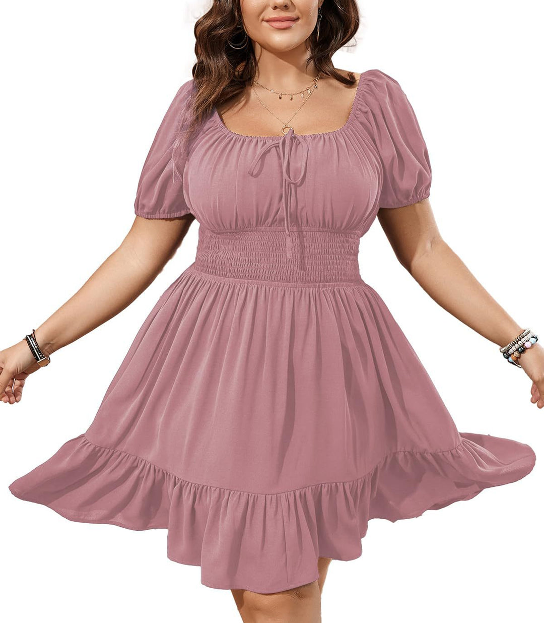 Damen Midikleid mit Smok-Taillenband und Puffärmeln Drune