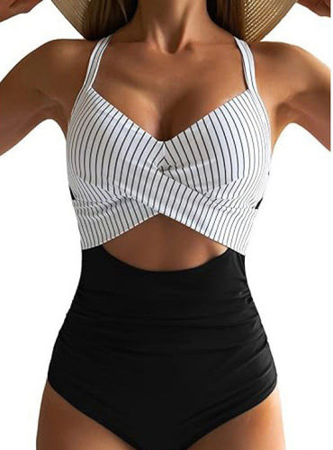 Drune | Damen Einteiler Badeanzüge Push Up Bauchkontrolle Badeanzüge V-Ausschnitt Cutout Anständige Bademode