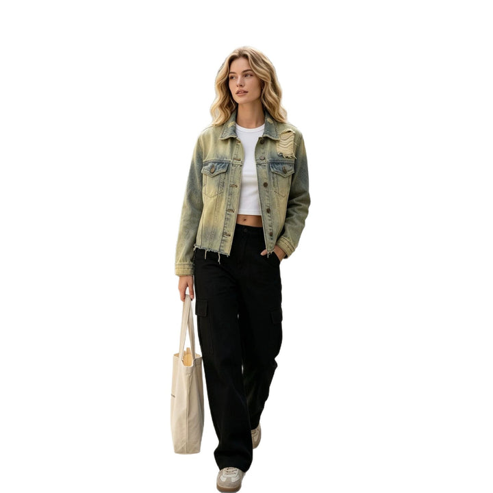 Damen nan kurze Denimjacke im Destroyed-Look mit Brusttaschen und rohem Saum Drune