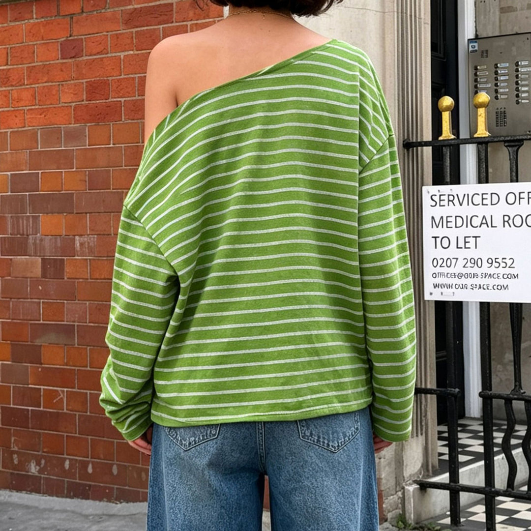 Damen Oversize-Langarmshirt mit breitem Ausschnitt, maritimem Streifen und relaxed Fit Drune