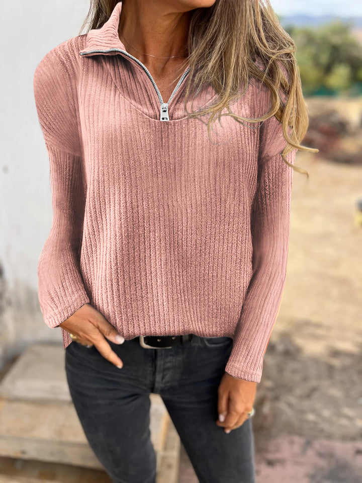 Damen Rippstrickpullover mit halbem Reißverschluss und Stehkragen Drune