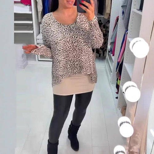 Damen nan weit geschnittenes Tunika-Longsleeve mit Leomuster, abgerundetem Saum und Lagenoptik Drune