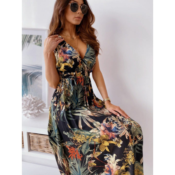 Damen Maxikleid mit tiefem V-Ausschnitt und elastischer Taillenbindung Drune