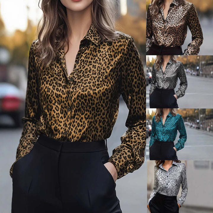 Damen Edle Satinbluse mit Leo-Muster und schlankem Schnitt Drune
