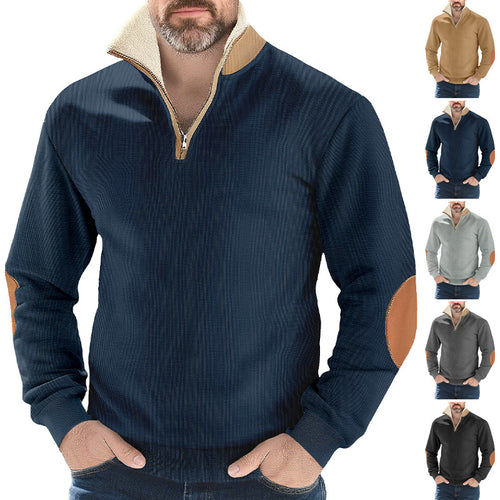 Herren nan Strukturstrick-Halbzipppullover mit wärmendem Sherpa-Kragen und Velours-Ellenbogenapplikation Drune