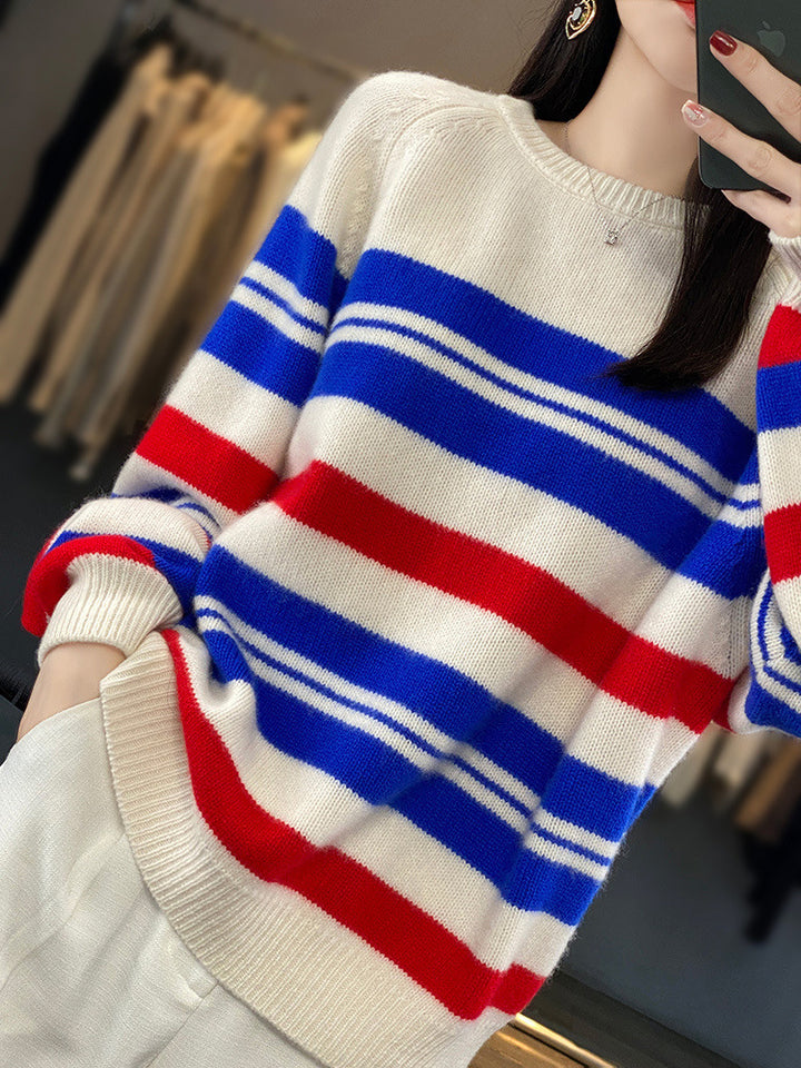 Damen Oversize-Streifenpullover aus weichem Wollmix mit maritimer Blockstreifen und Rundhals Drune