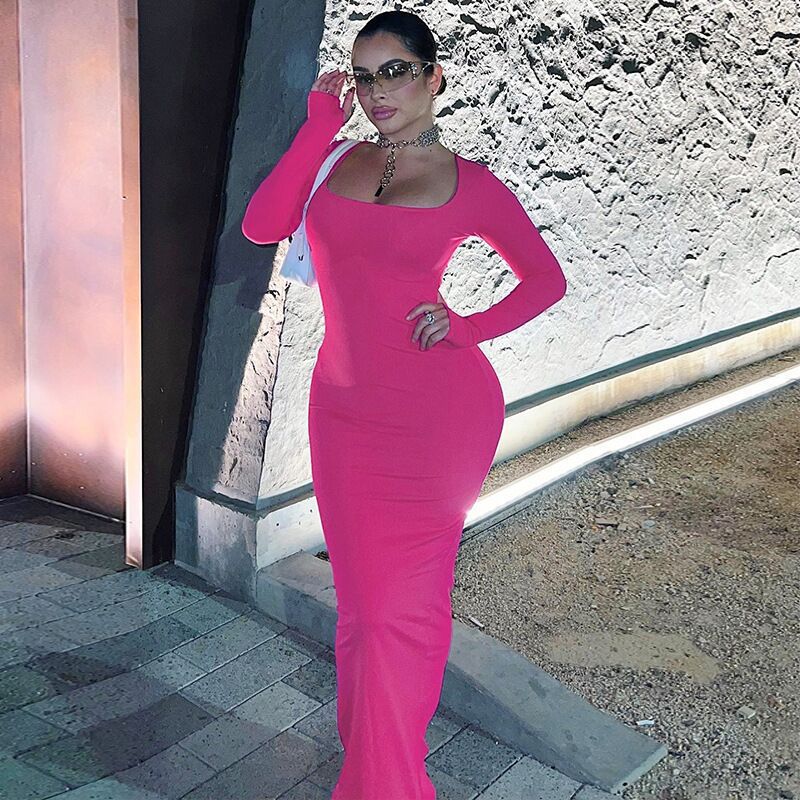 Damen Figurbetontes Langarm-Maxikleid mit quadratischem Ausschnitt Drune