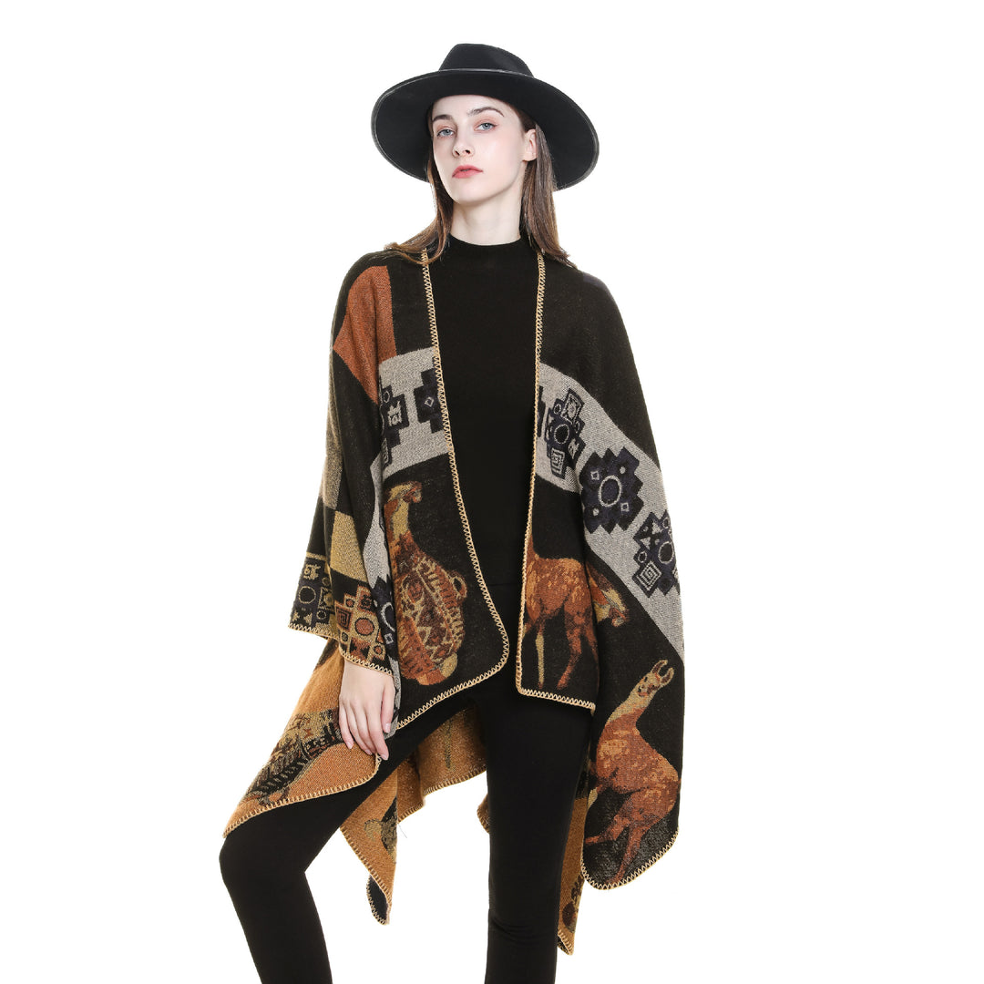Damen Oversize-Jacquard-Capeponcho mit ornamentaler Webstruktur Drune