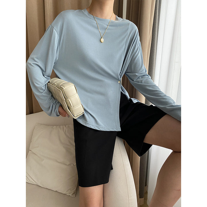 Damen langärmliges Oberteil mit asymmetrischem Schnitt und modischen Knopfdetails Drune