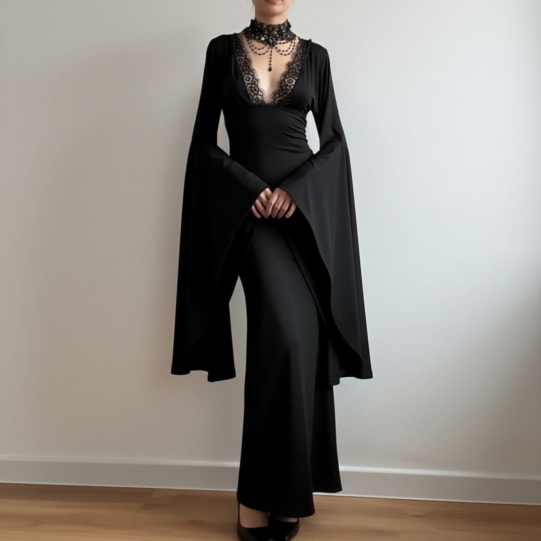 Damen Maxikleid mit tiefem V-Ausschnitt, Spitzenbesatz und dramatischen Wasserfallärmeln Drune