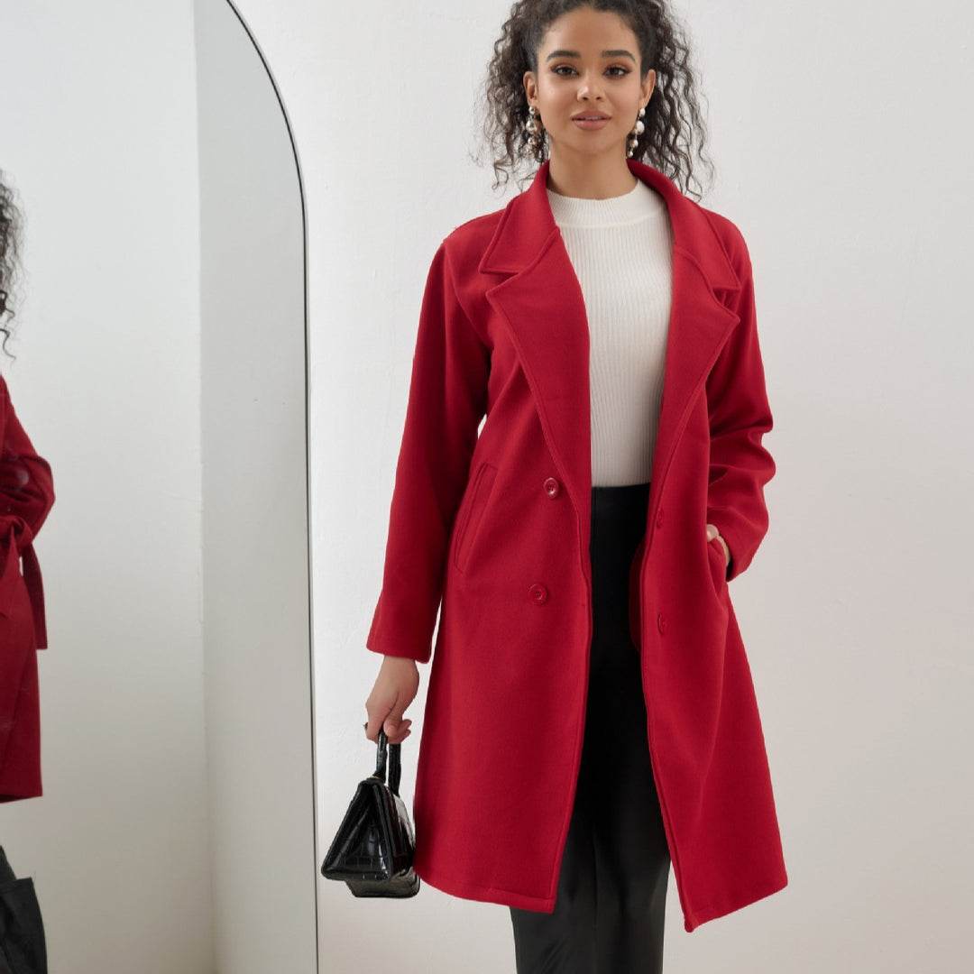 Damen Eleganter knielanger Zweireihiger Wollblend-Mantel mit Reverskragen Drune