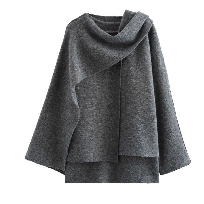 Damen 900+ drapierter Oversize Poncho‑Pullover mit Wasserfallkragen und Zierknopf Drune