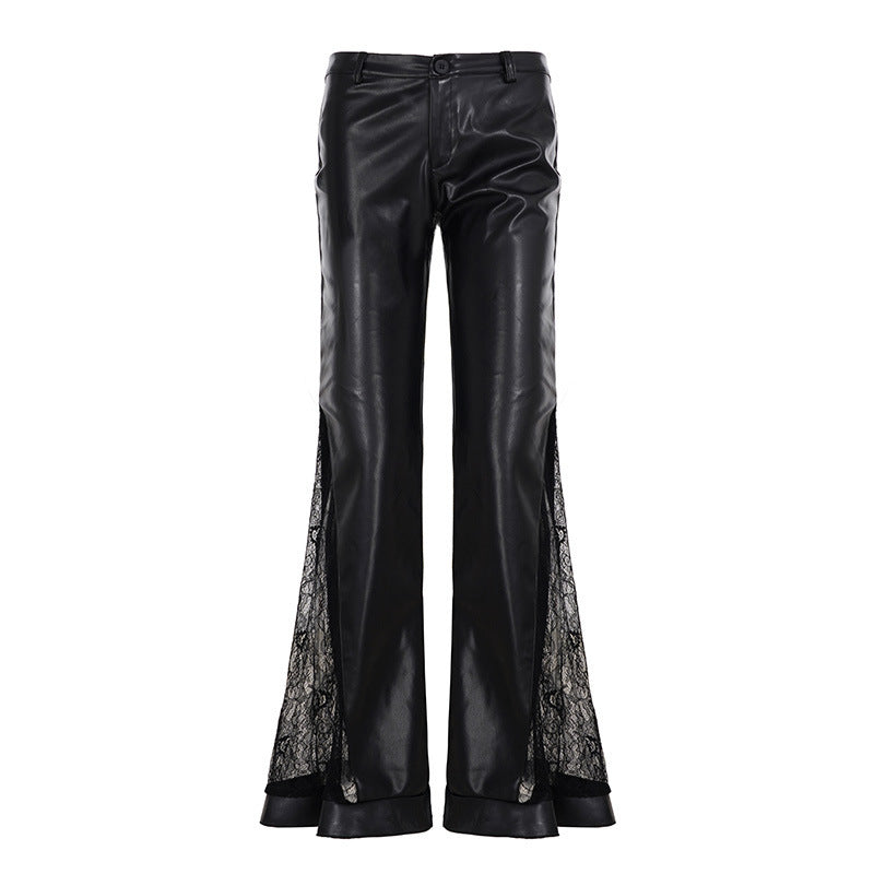 Damen Hochgeschnittene Kunstleder-Flared-Hose mit Frontreißverschluss und Zier-Reißverschlusstaschen Drune