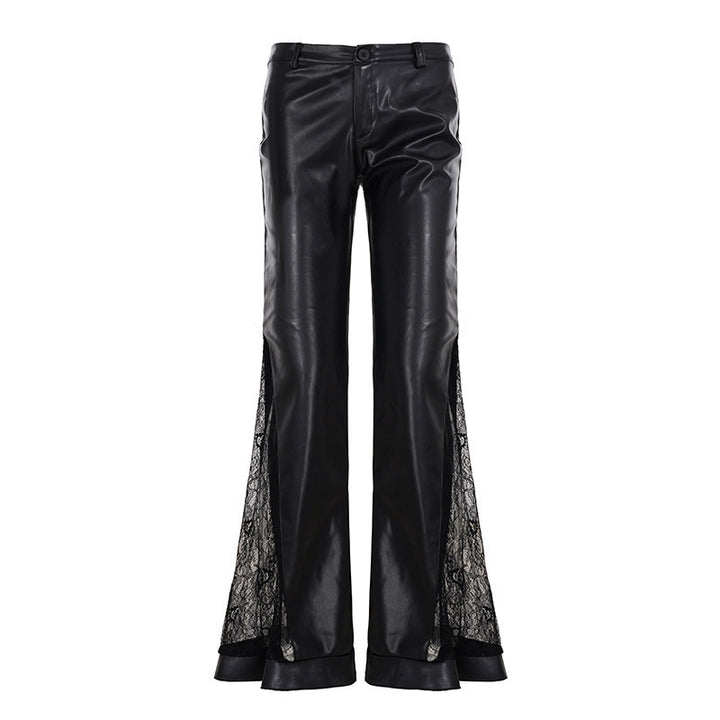 Damen Hochgeschnittene Kunstleder-Flared-Hose mit Frontreißverschluss und Zier-Reißverschlusstaschen Drune