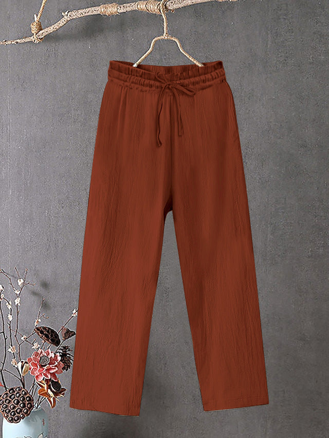 Damen Crinkle Leinenmischung Hose mit elastischem Kordelzug, gerade Beinform und lässiger Passform Drune