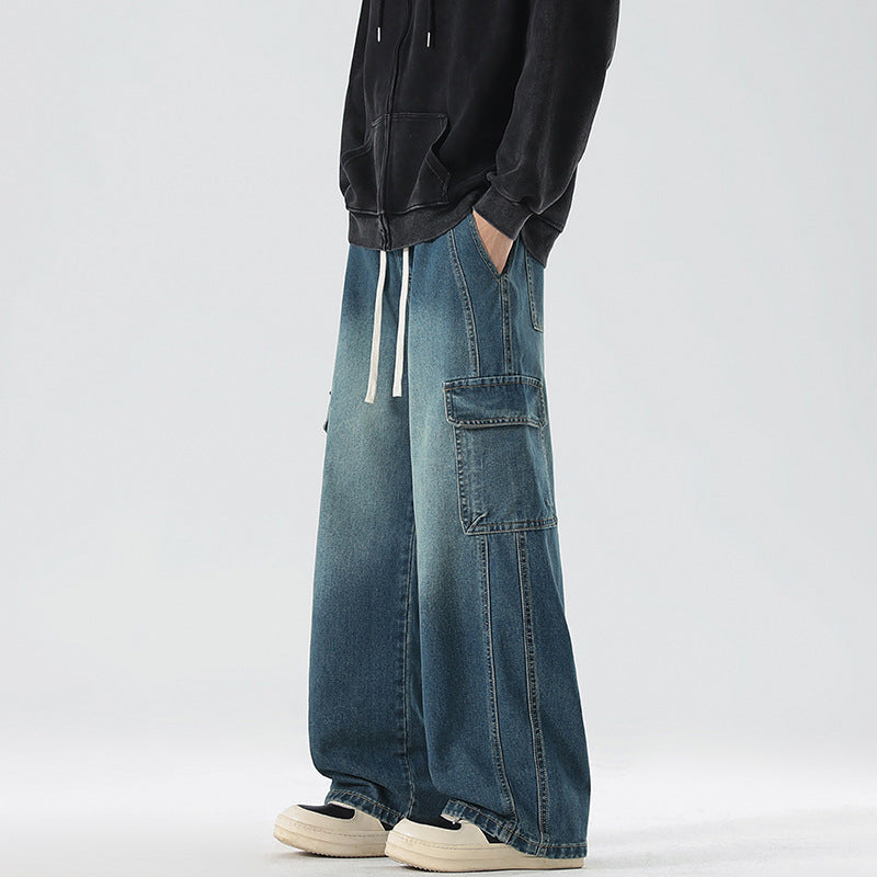 Herren Stonewashed-Denim Cargopalazzo mit extra weitem Bein und sichtbaren Ziernähten Drune
