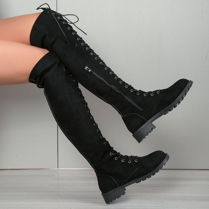 Damen  Overknee-Schnürstiefel mit seitlichem Reißverschluss, dekorativer Schnürung und profiliertem Gummisohle Drune