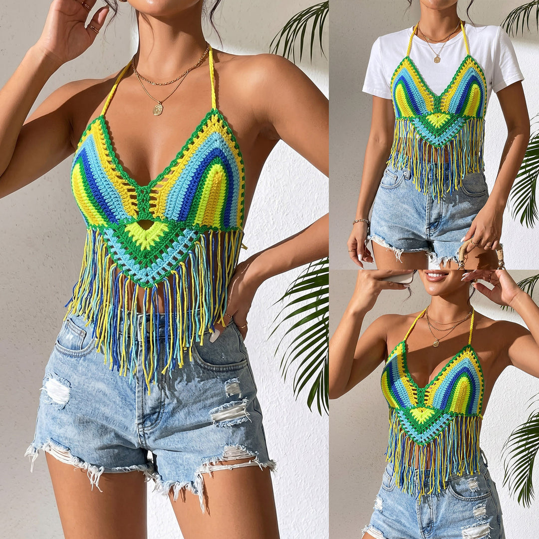 Damen gehäkeltes Crop-Top mit Fransen Drune